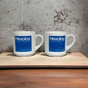 Pair of Hexoloy SA Silicon Carbide Advertising Logo Coffee Mugs Carborundum